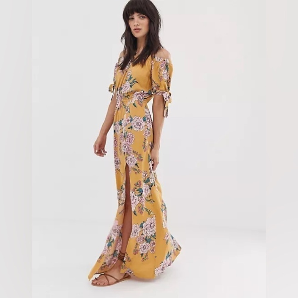 Band of Gypsies Yellow Floral Print Cold Shoulder Maxi Dress Size XS